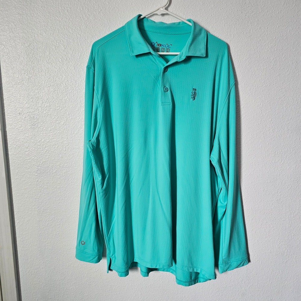 IBKUL Mens Long Sleeve Polo Shirt XL Turquoise Aqua IceFil UPF 50+ Performance